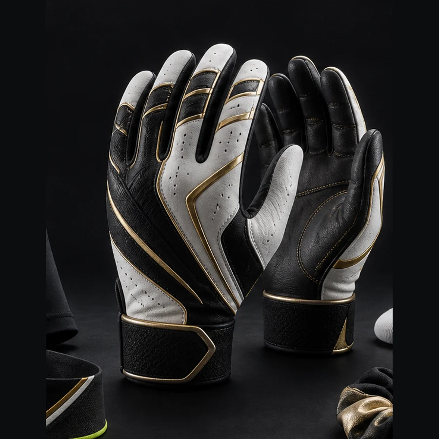 Black, gold and off-white custom softball batting gloves.