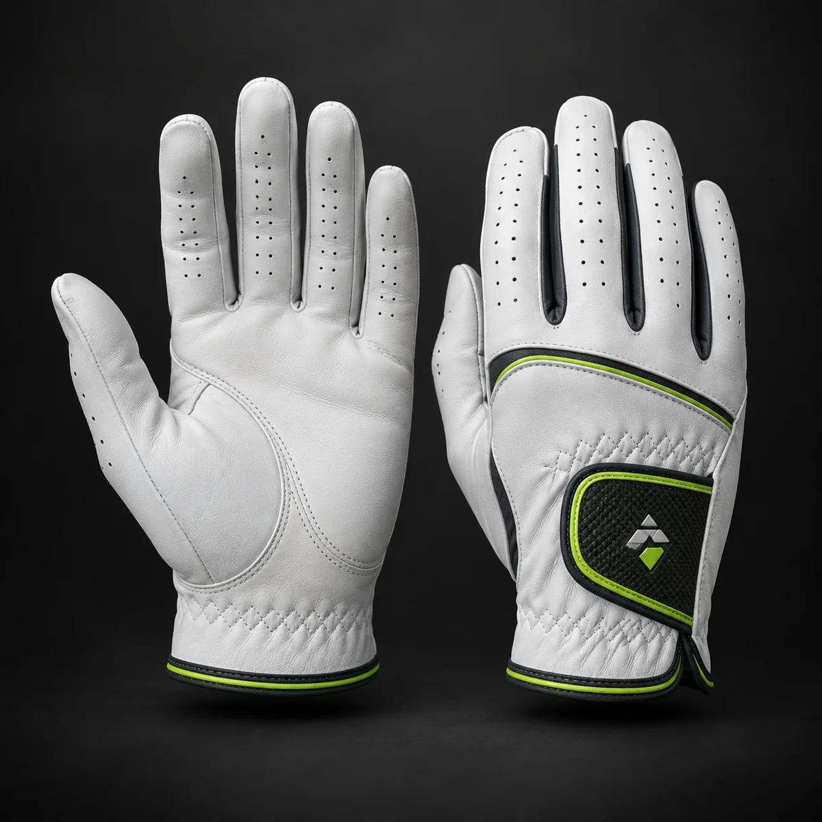 Premium white, charcoal and volt custom golf gloves with subtle team branding.