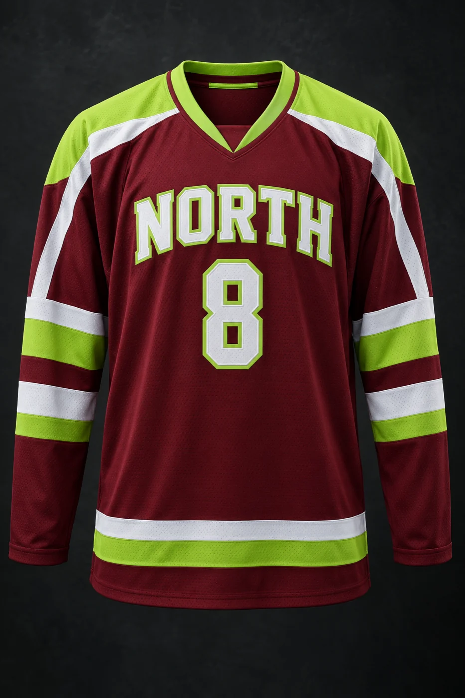 Maroon, white and volt custom ball hockey jersey with team lettering and player number.