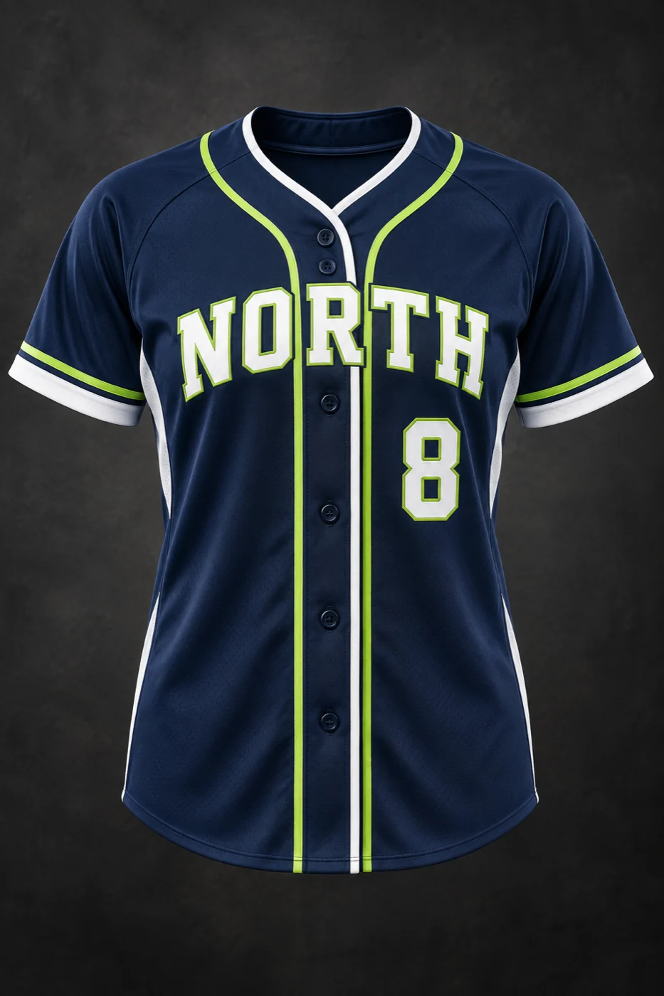 Navy, white and volt custom softball button-front jersey with team lettering and number.