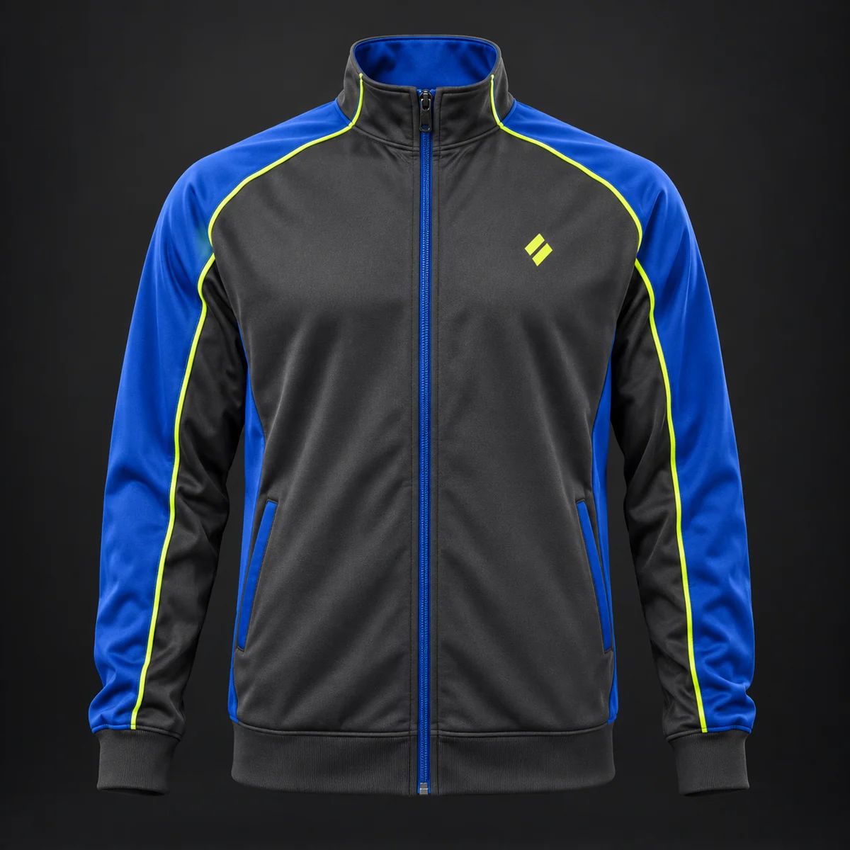 Black, royal blue and volt custom team warm-up and training jacket.