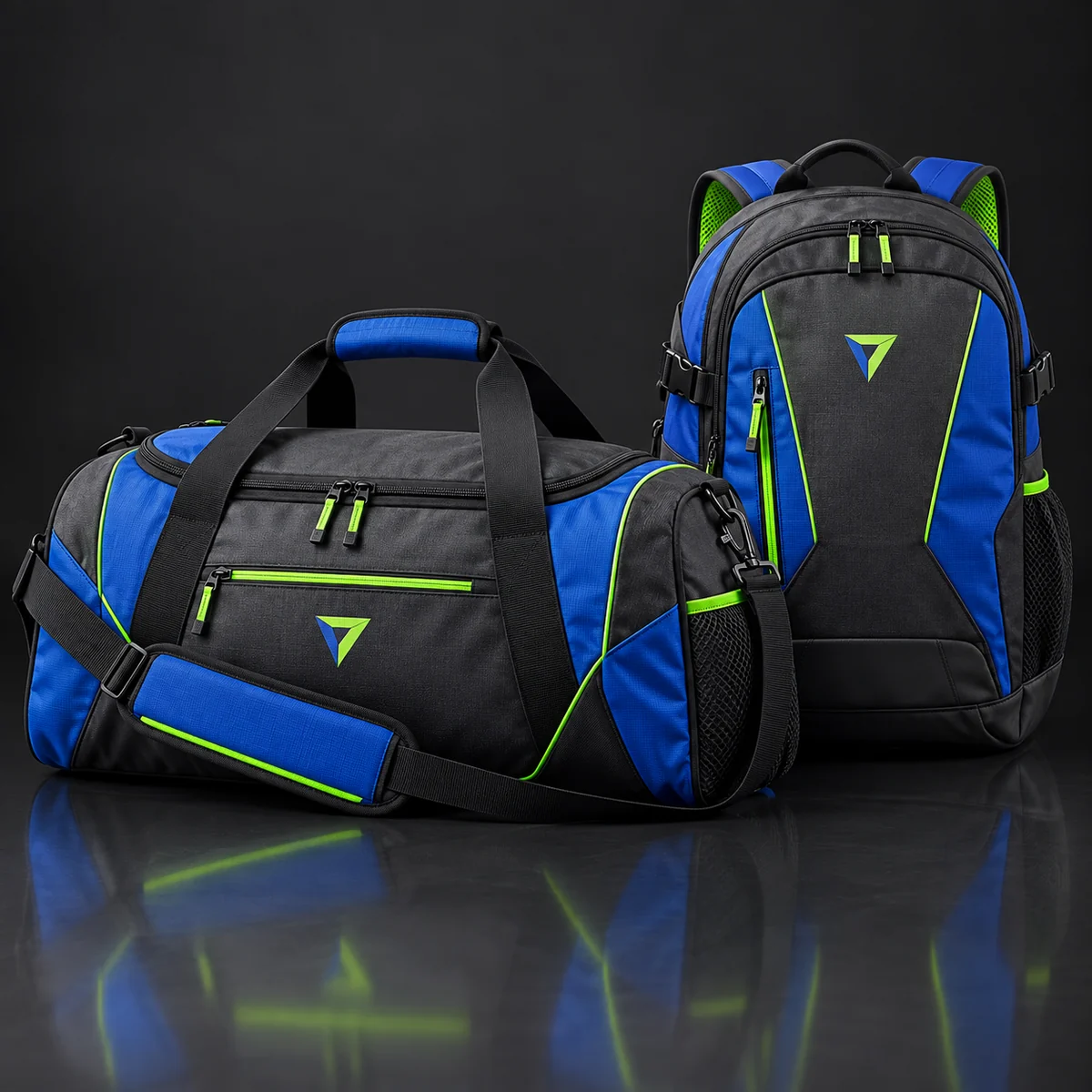 Royal blue, black and volt custom team backpack and duffel bag with team identity.